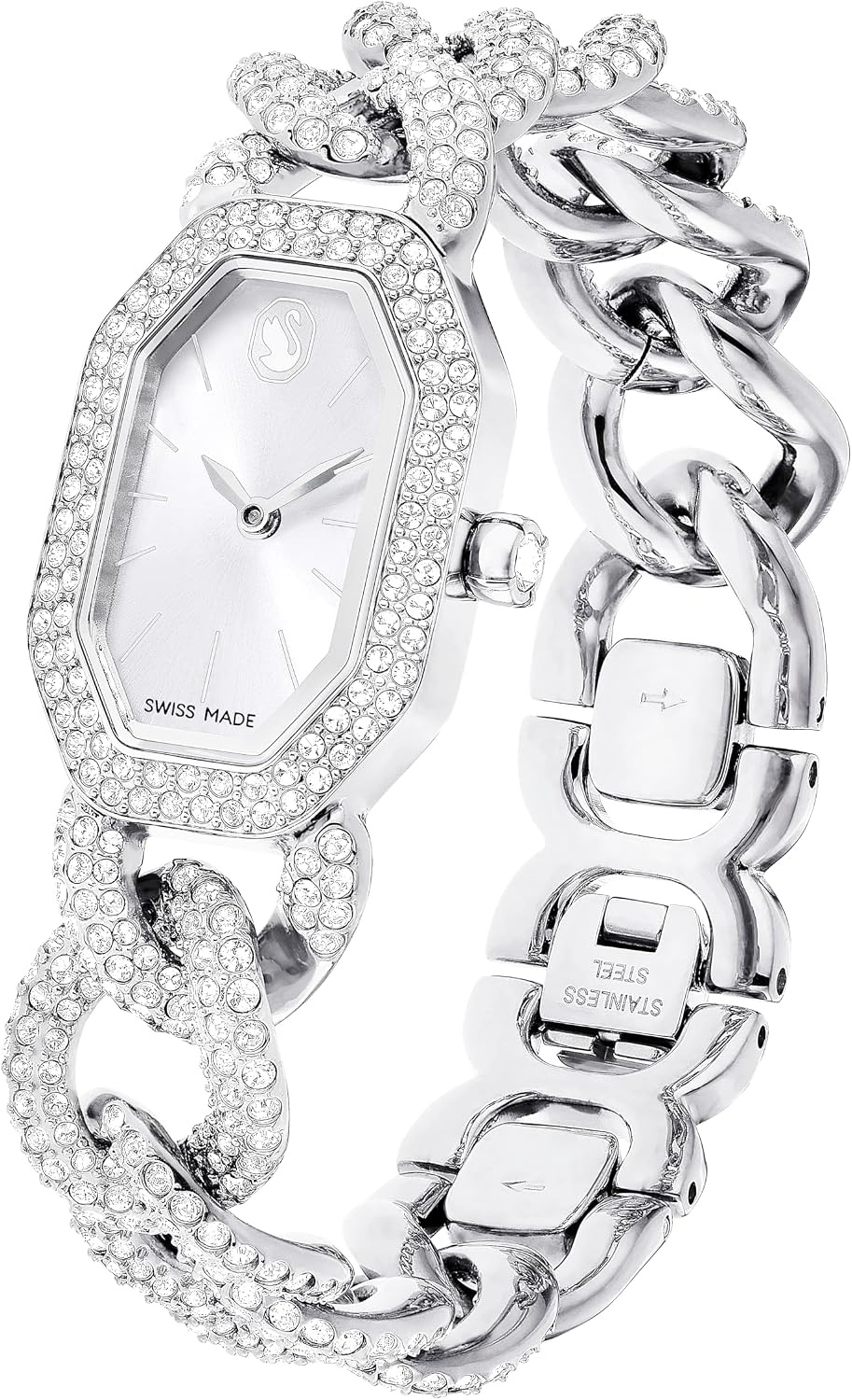 image:imageDextera Chain amp Crystal Watch Interlocking Stainless Steel with Pave Crystal Bracelet Band Octagon Shaped Oval Face with Embellished Crystals Swiss Made Part of the Dextera Watch Collection