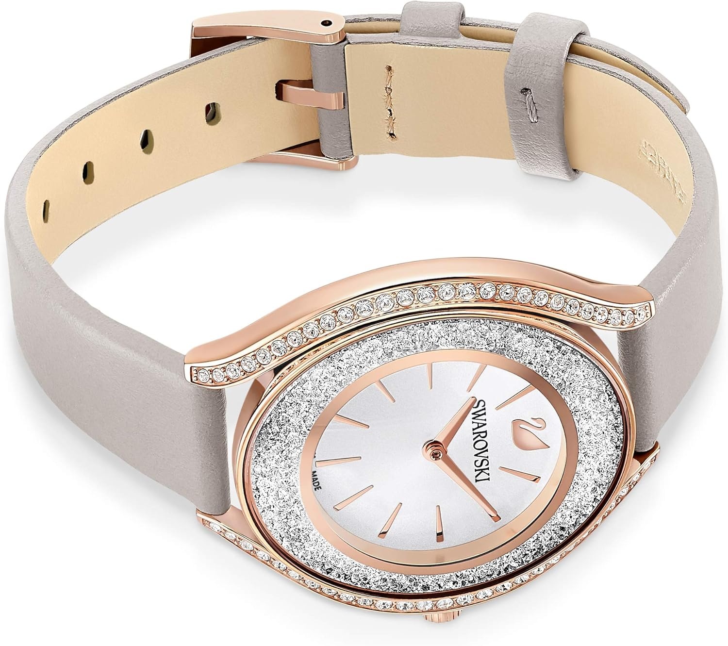 image:imageSwarovski Crystalline Aura Watch Taupe Leather Strap RoseGold Tone Finish Clear Crystals Swiss Made Part of The Crystalline Watch CollectionCrystalline Aura