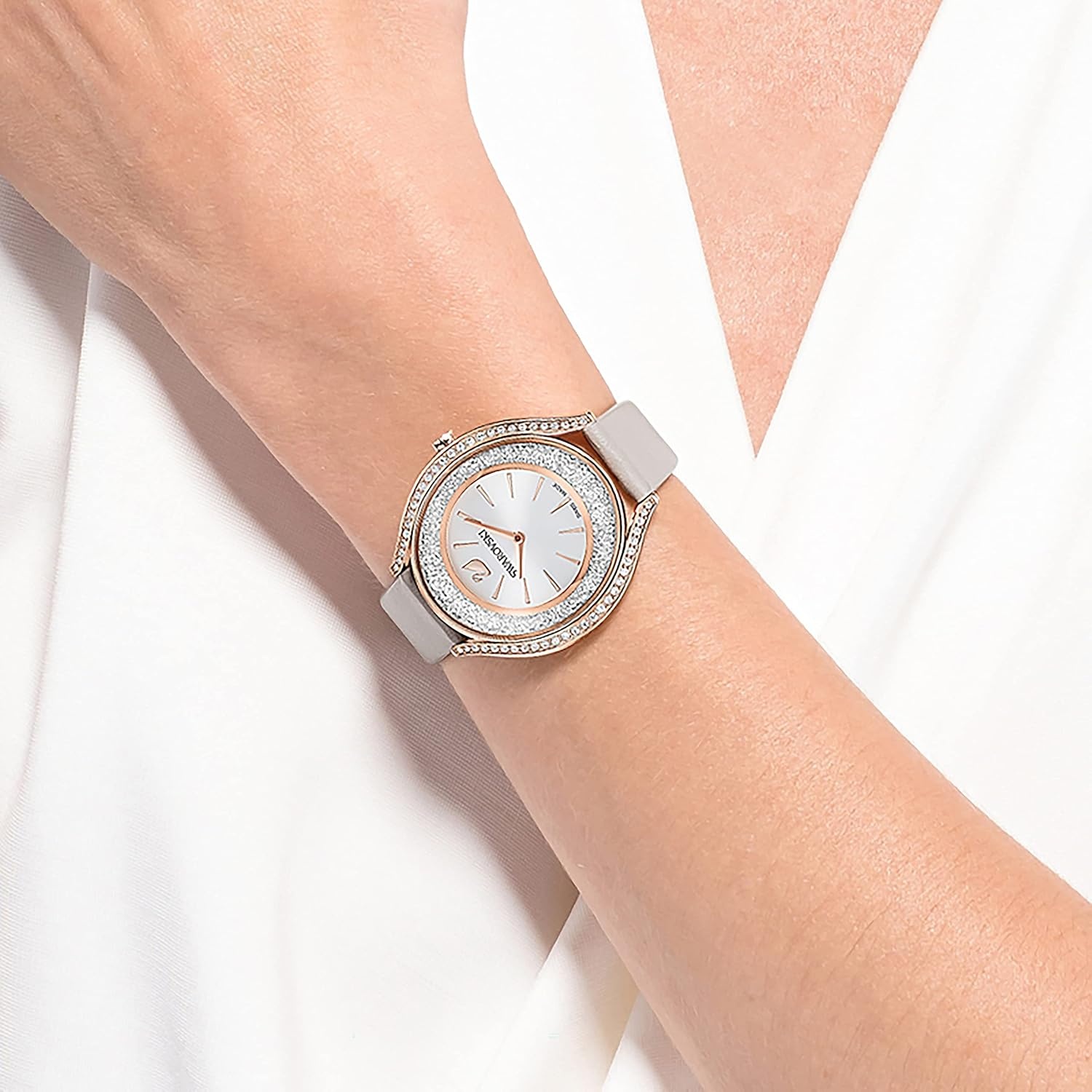 image:imageSwarovski Crystalline Aura Watch Taupe Leather Strap RoseGold Tone Finish Clear Crystals Swiss Made Part of The Crystalline Watch CollectionCrystalline Aura