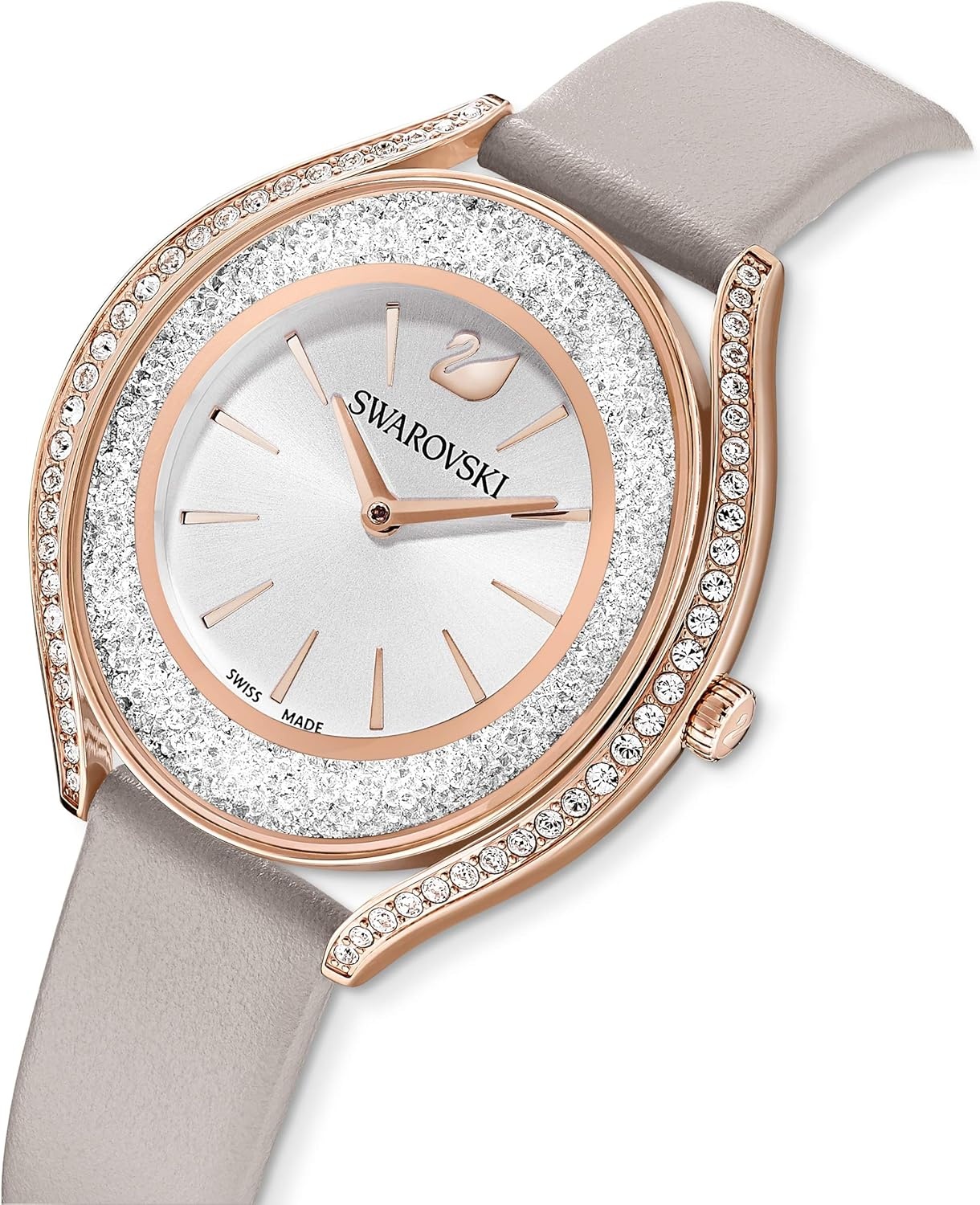 image:imageSwarovski Crystalline Aura Watch Taupe Leather Strap RoseGold Tone Finish Clear Crystals Swiss Made Part of The Crystalline Watch CollectionCrystalline Aura