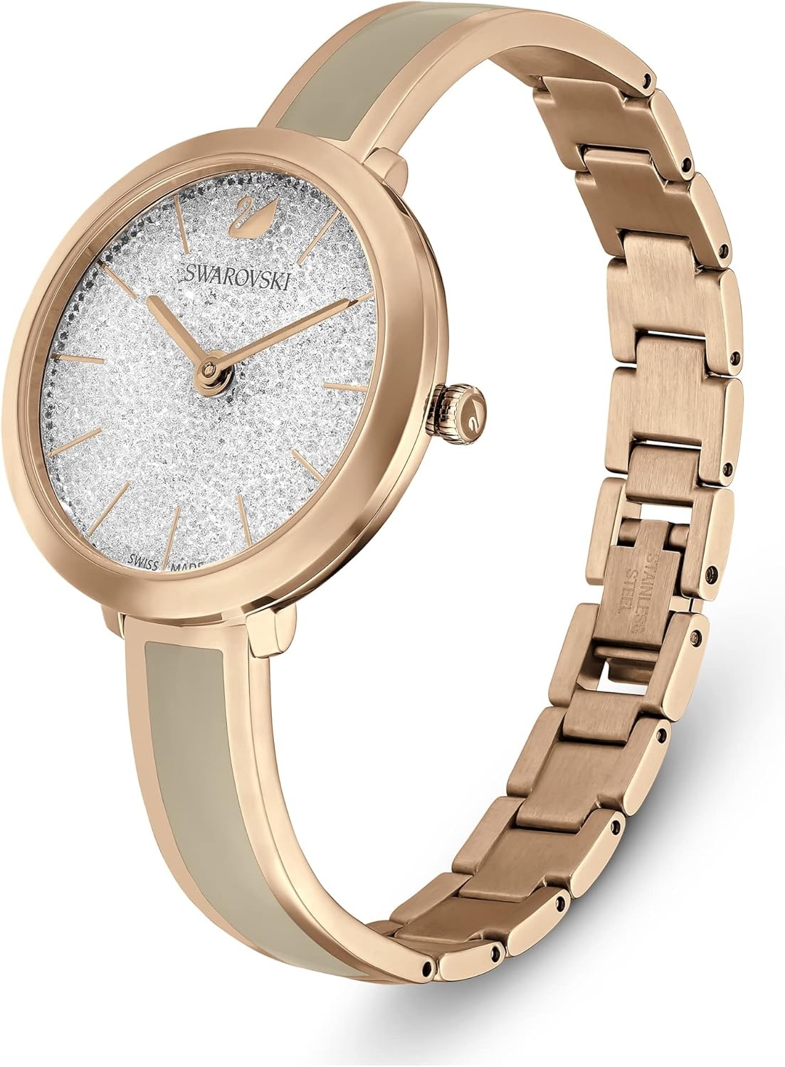 image:imageSwarovski Crystalline Aura Watch Taupe Leather Strap RoseGold Tone Finish Clear Crystals Swiss Made Part of The Crystalline Watch CollectionRose Gold Tone