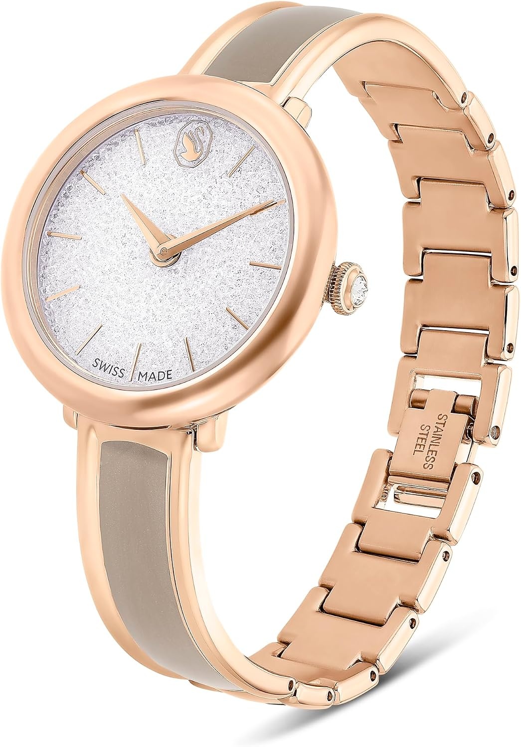 image:imageSwarovski Crystalline Lustre Leather Strap Band Swiss Made Stainless Steel Domed Saphire Glass 33mm 3460 Blue CrystalsRose Gold Tone Metal Band