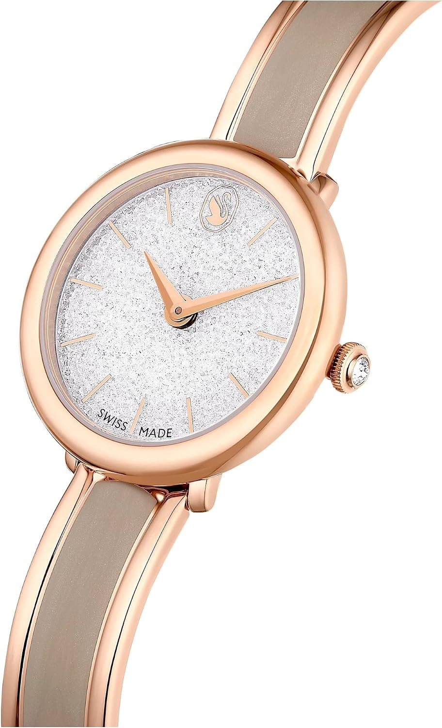 image:imageSwarovski Crystalline Lustre Leather Strap Band Swiss Made Stainless Steel Domed Saphire Glass 33mm 3460 Blue CrystalsRose Gold Tone Metal Band