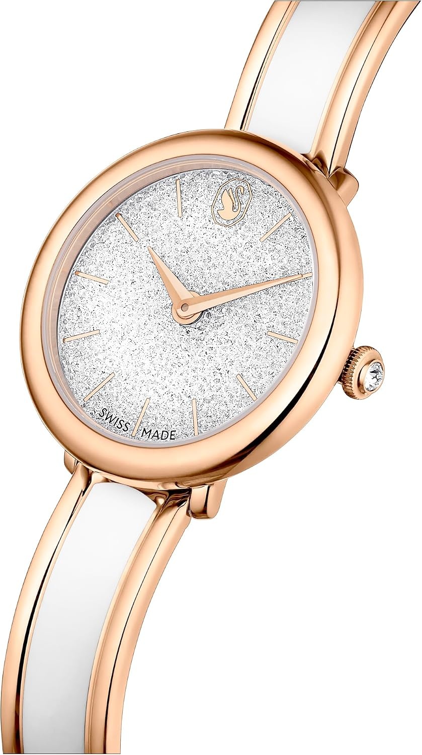 image:imageSwarovski Crystalline Lustre Leather Strap Band Swiss Made Stainless Steel Domed Saphire Glass 33mm 3460 Blue CrystalsWhite Rose Gold Tone Metal Band