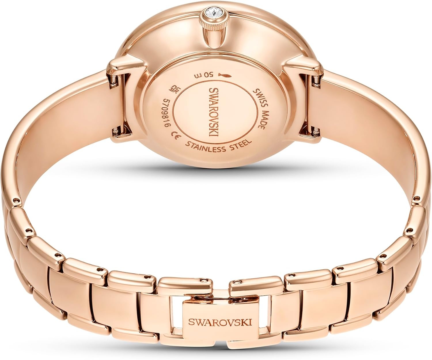 image:imageSwarovski Crystalline Lustre Leather Strap Band Swiss Made Stainless Steel Domed Saphire Glass 33mm 3460 Blue CrystalsWhite Rose Gold Tone Metal Band
