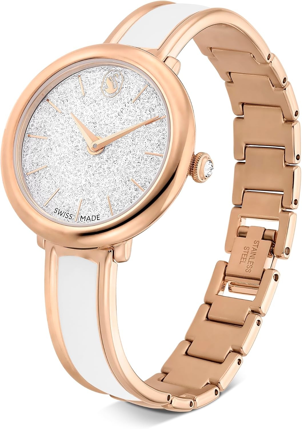 image:imageSwarovski Crystalline Lustre Leather Strap Band Swiss Made Stainless Steel Domed Saphire Glass 33mm 3460 Blue CrystalsWhite Rose Gold Tone Metal Band