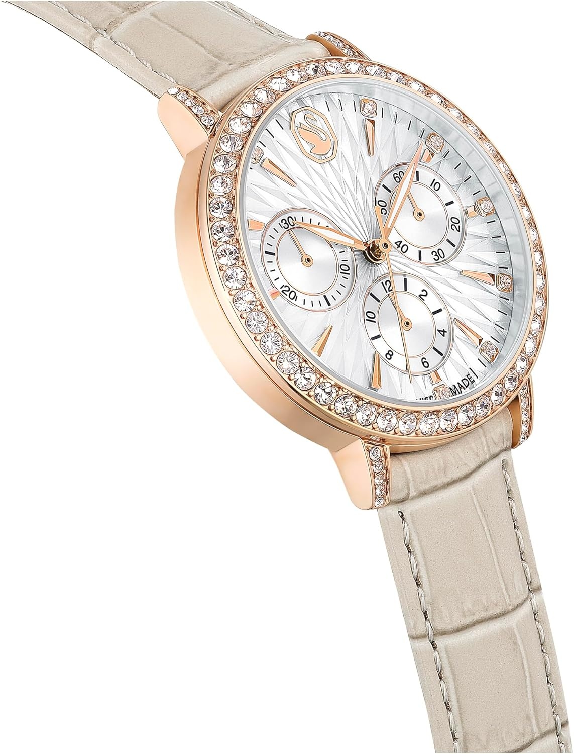 image:imageSwarovski Matrix Chrono Watch Leather Strap Swiss Made Clear Crystals Pink Taupe RoseGold FinishTaupe