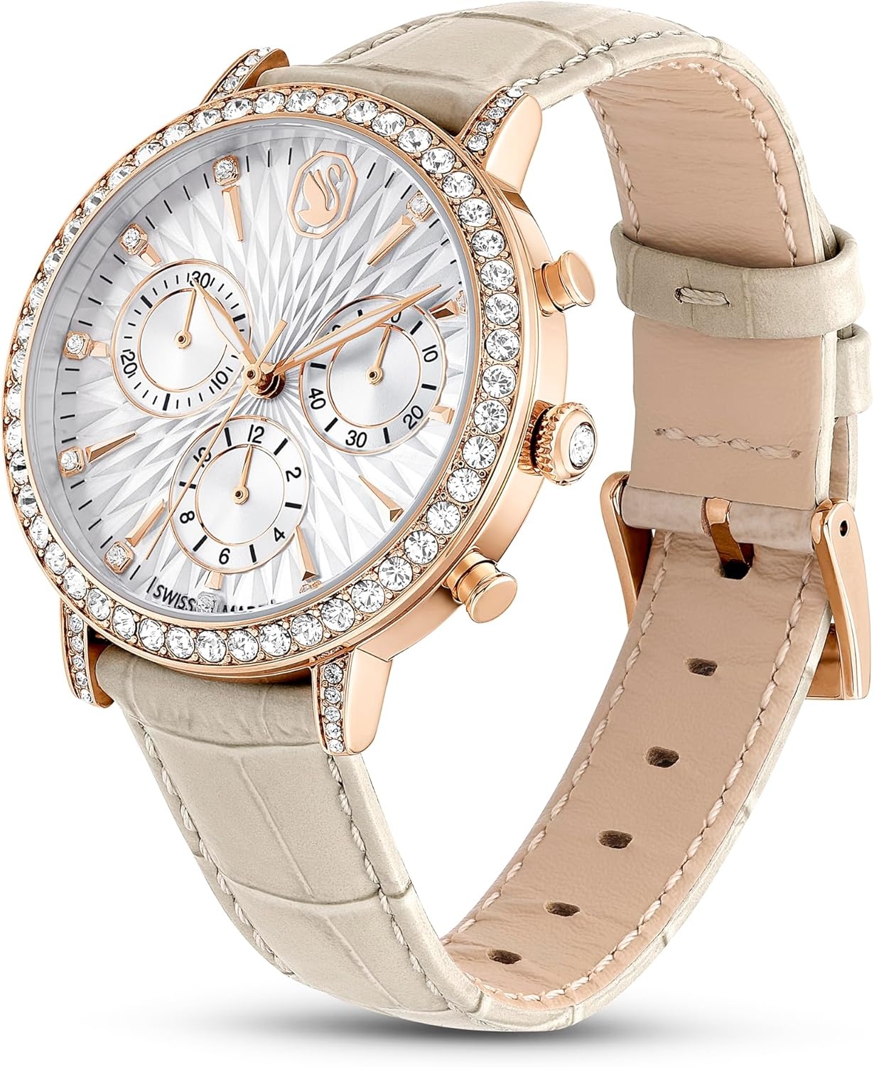 image:imageSwarovski Matrix Chrono Watch Leather Strap Swiss Made Clear Crystals Pink Taupe RoseGold FinishTaupe