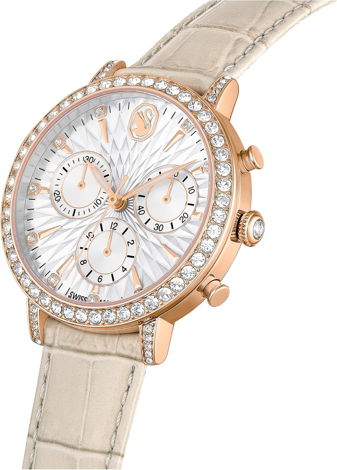 image:imageSwarovski Matrix Chrono Watch Leather Strap Swiss Made Clear Crystals Pink Taupe RoseGold FinishTaupe
