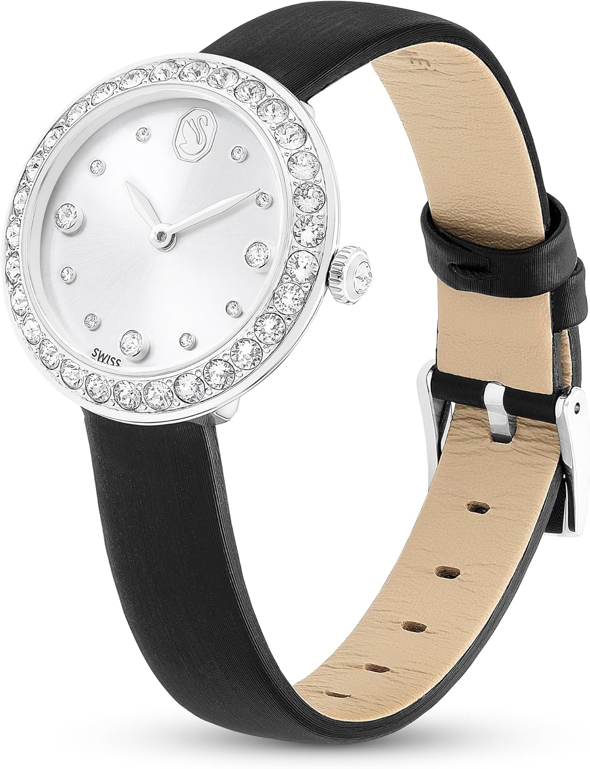 image:imageSwarovski Matrix Tennis Leather Strap Watch Swiss Made Clear Crystals Black Grey Rose GoldTone Stainless Steel FinishesBlack