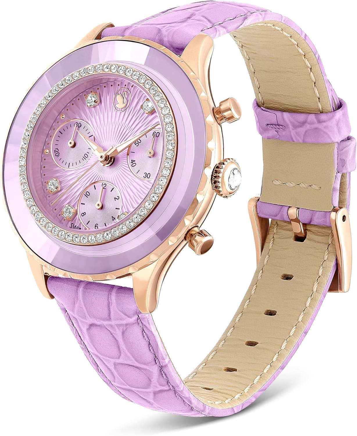 image:imageSwarovski Octea Chrono Watch Swiss Made Leather Strap Purple Rose GoldTone Finish