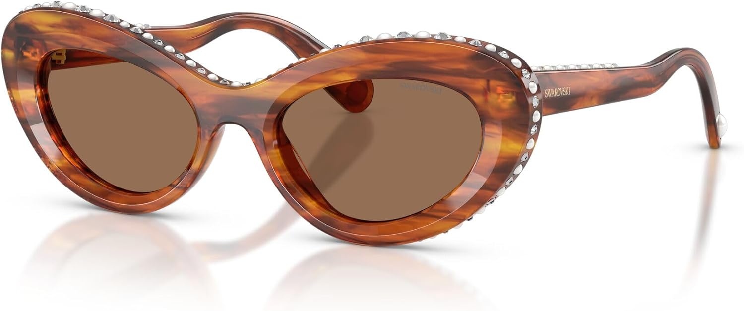 image:imageSwarovski Womens SK6061U Universal Fit Cat Eye Sunglasses51 mmStriped HavanaDark Brown