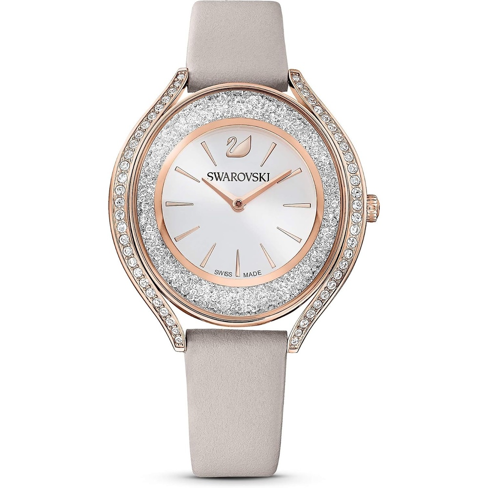 image:imageSwarovski Crystalline Aura Watch Taupe Leather Strap RoseGold Tone Finish Clear Crystals Swiss Made Part of The Crystalline Watch CollectionCrystalline Aura
