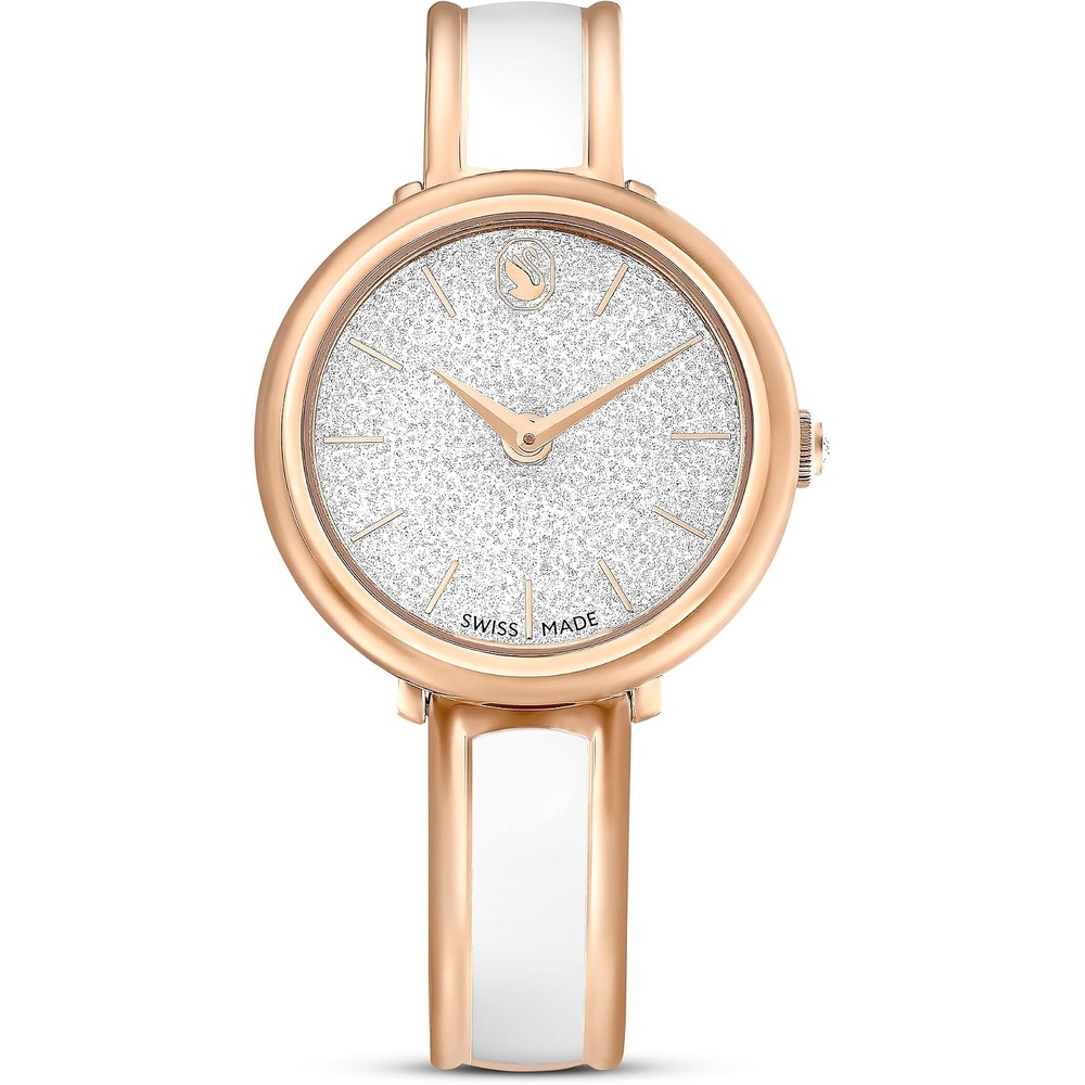 image:imageSwarovski Crystalline Lustre Leather Strap Band Swiss Made Stainless Steel Domed Saphire Glass 33mm 3460 Blue CrystalsWhite  Rose Gold Tone Metal Band