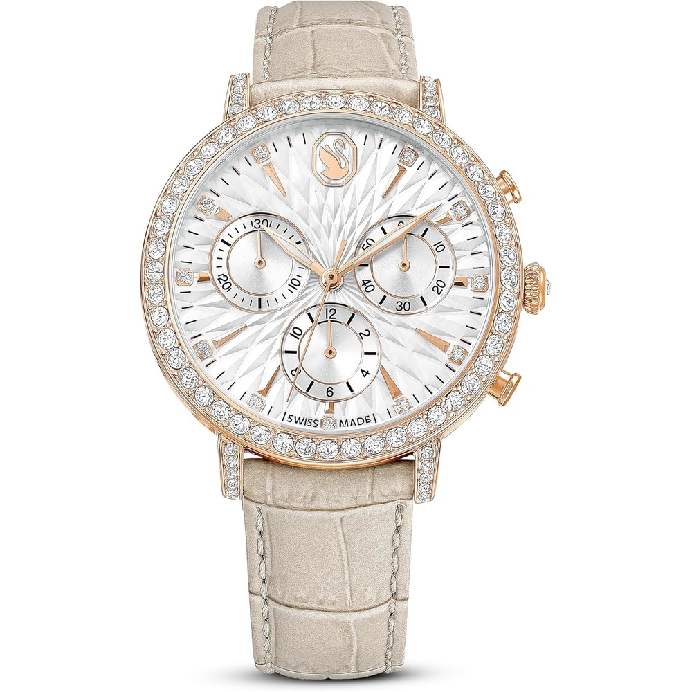 image:imageSwarovski Matrix Chrono Watch Leather Strap Swiss Made Clear Crystals Pink Taupe RoseGold FinishTaupe