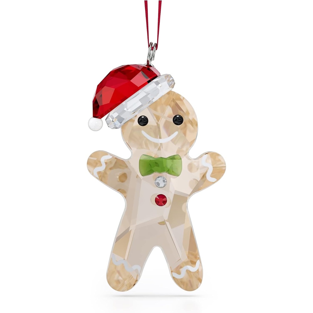 image:imageSwarovskis Holiday Cheers Gingerbread Hanging Ornament GoldTone Green and Red Crystals Part of the Holiday Cheers Collection
