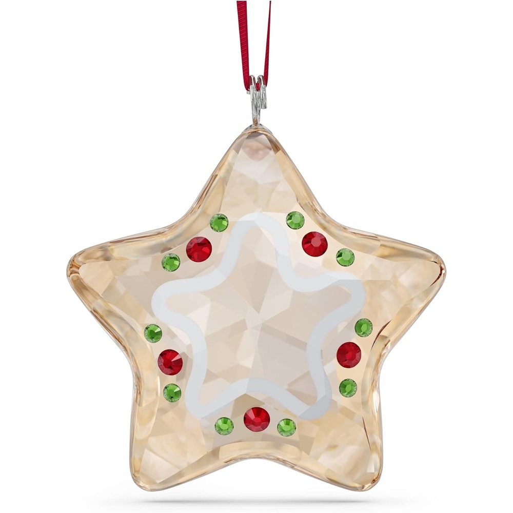 image:imageSwarovskis Holiday Cheers Star Shaped Hanging Ornament GoldTone White Red and Green Crystals Part of the Holiday Cheers Collection