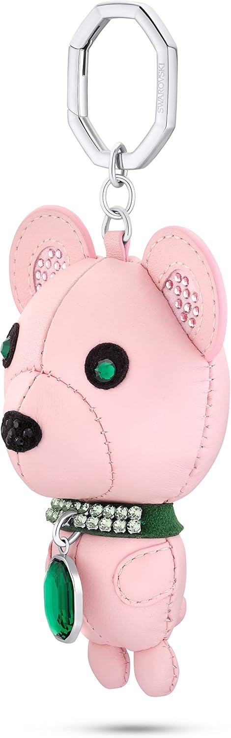 image:imageSWAROVSKI Icons Stainless Steel 3D Key Ring Kris Bear Character with Pink Leather and Bright Green Crystals Part of The Swarovski Icons Collection