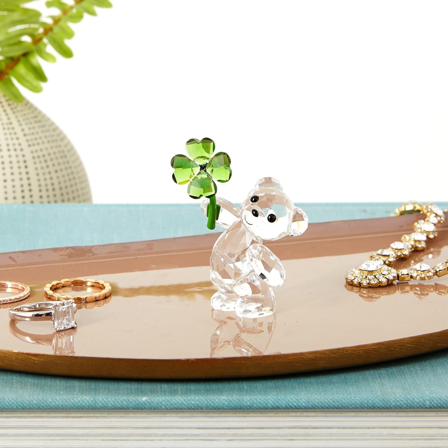 image:imageSWAROVSKI Kris Bears Lucky Charm Figurine Clear Swarovski Crystal with a Green FourLeafed Clover Accent Part of the Swarovski Kris Bears Collection