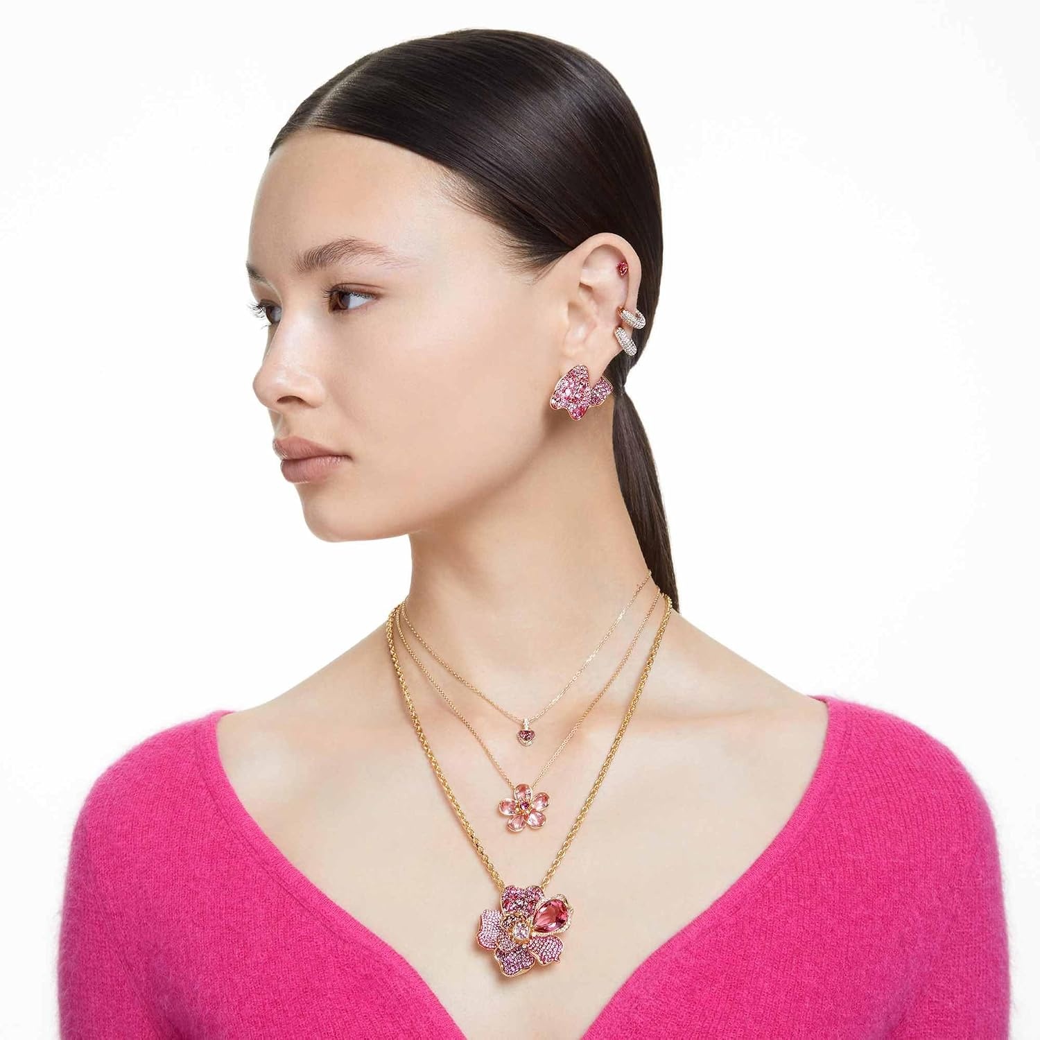 image:imageSwarovski Chroma Drop Crystal Earrings Gold Tone Finish Rhodium Finish Latch Back ClosureRed Crystal Heart Shaped