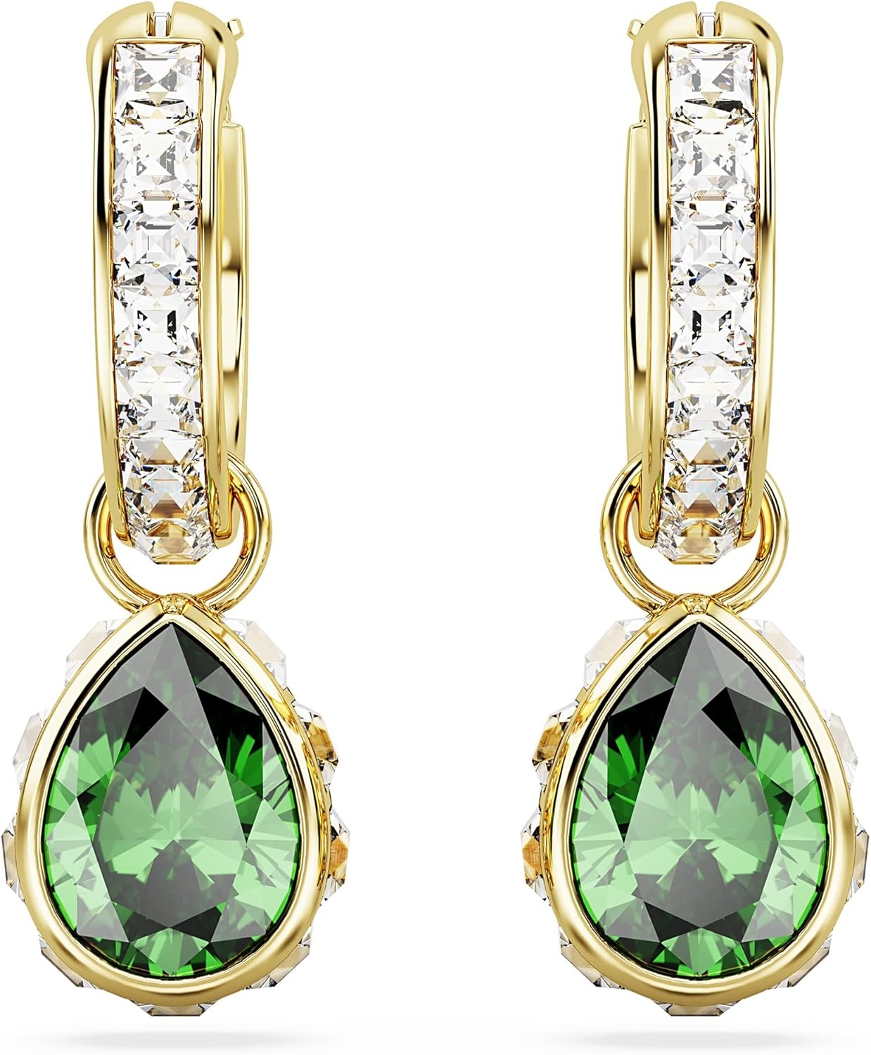 image:imageSwarovski Chroma Stud Earring Collection Rhodium and Gold Tone Finishes MultiColor CrystalsGreen Pear Cut