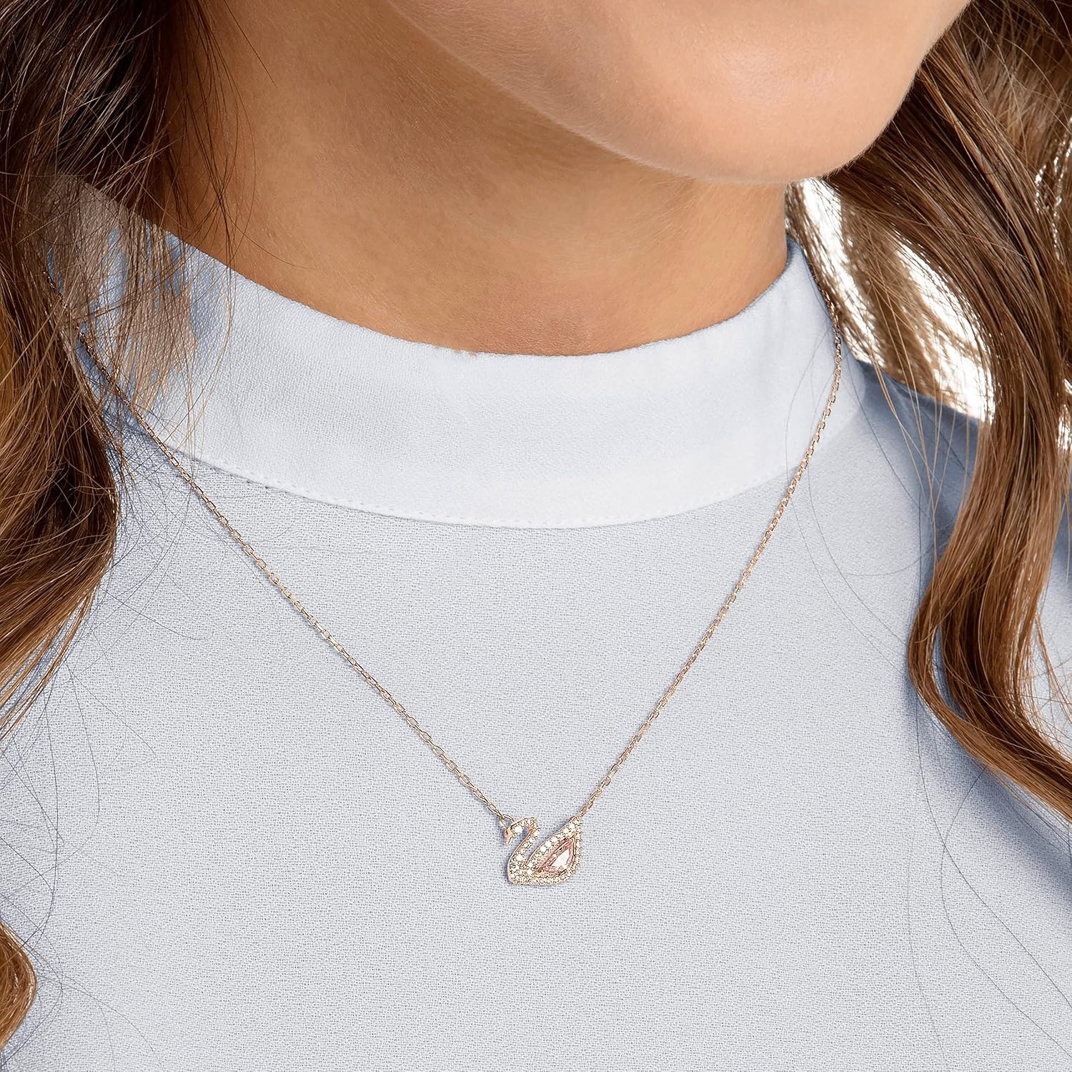 image:imageSwarovski Dazzling Swan Jewelry Collection Blue Crystals Pink Crystals Clear CrystalsPendant Necklace Rose Gold Tone