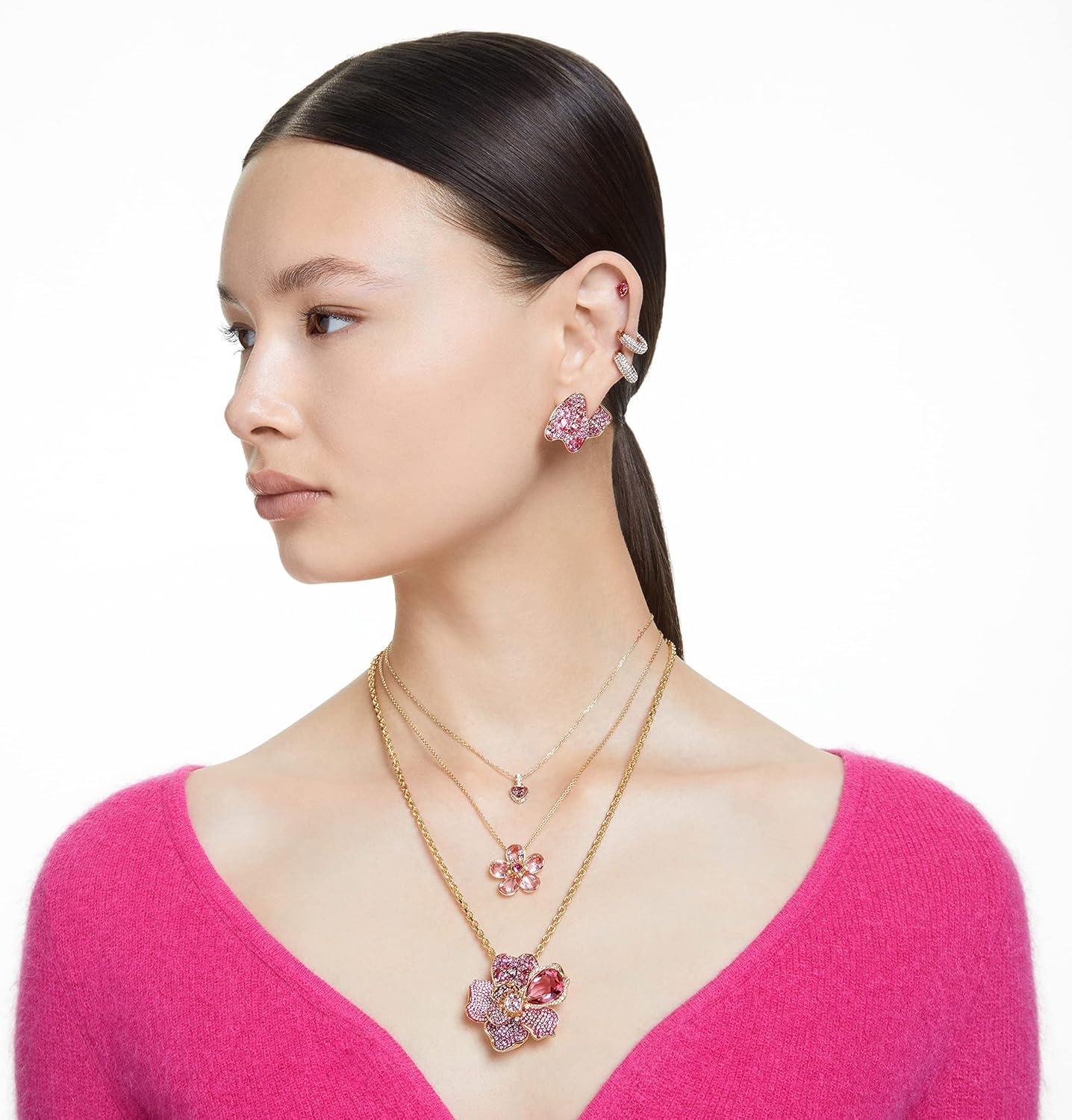 image:imageSwarovski Florere Necklace and Earrings Collection Pink Crystals Yellow Crystals Gold Tone Metal FinishPink Flower Pendant Necklace