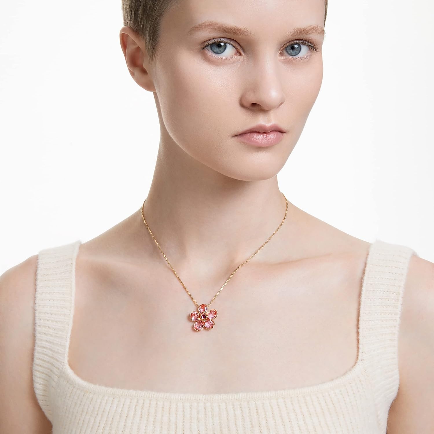 image:imageSwarovski Florere Necklace and Earrings Collection Pink Crystals Yellow Crystals Gold Tone Metal FinishPink Flower Pendant Necklace