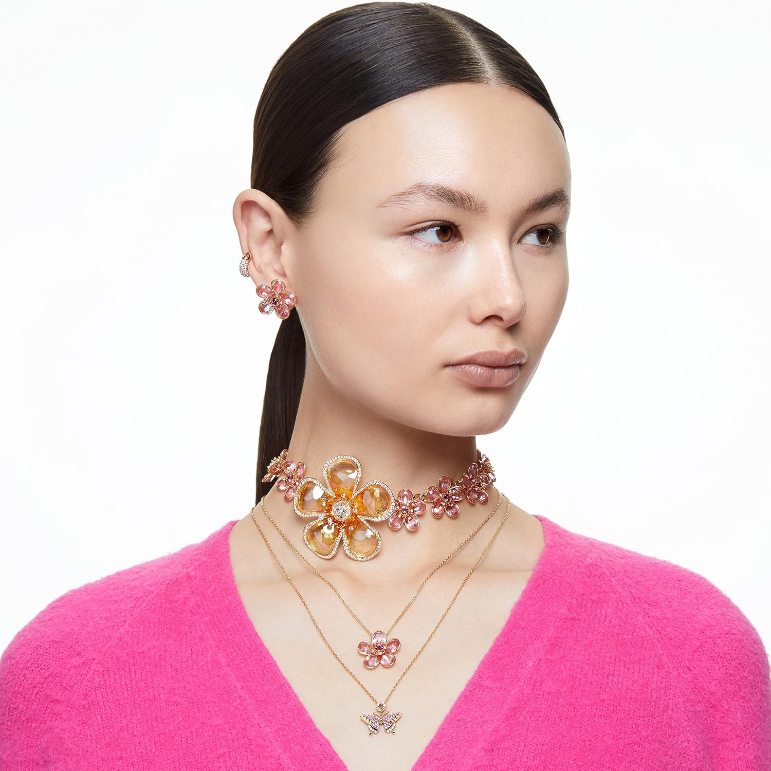 image:imageSwarovski Florere Necklace and Earrings Collection Pink Crystals Yellow Crystals Gold Tone Metal FinishPink Flower Pendant Necklace