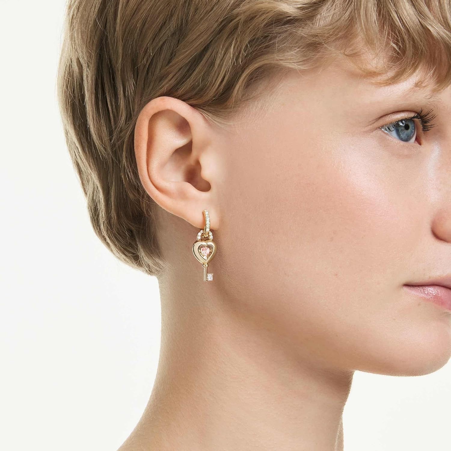 image:imageSwarovski Idyllia drop earrings with ear cuff Mixed cuts Heart with key Pink Goldtone plated