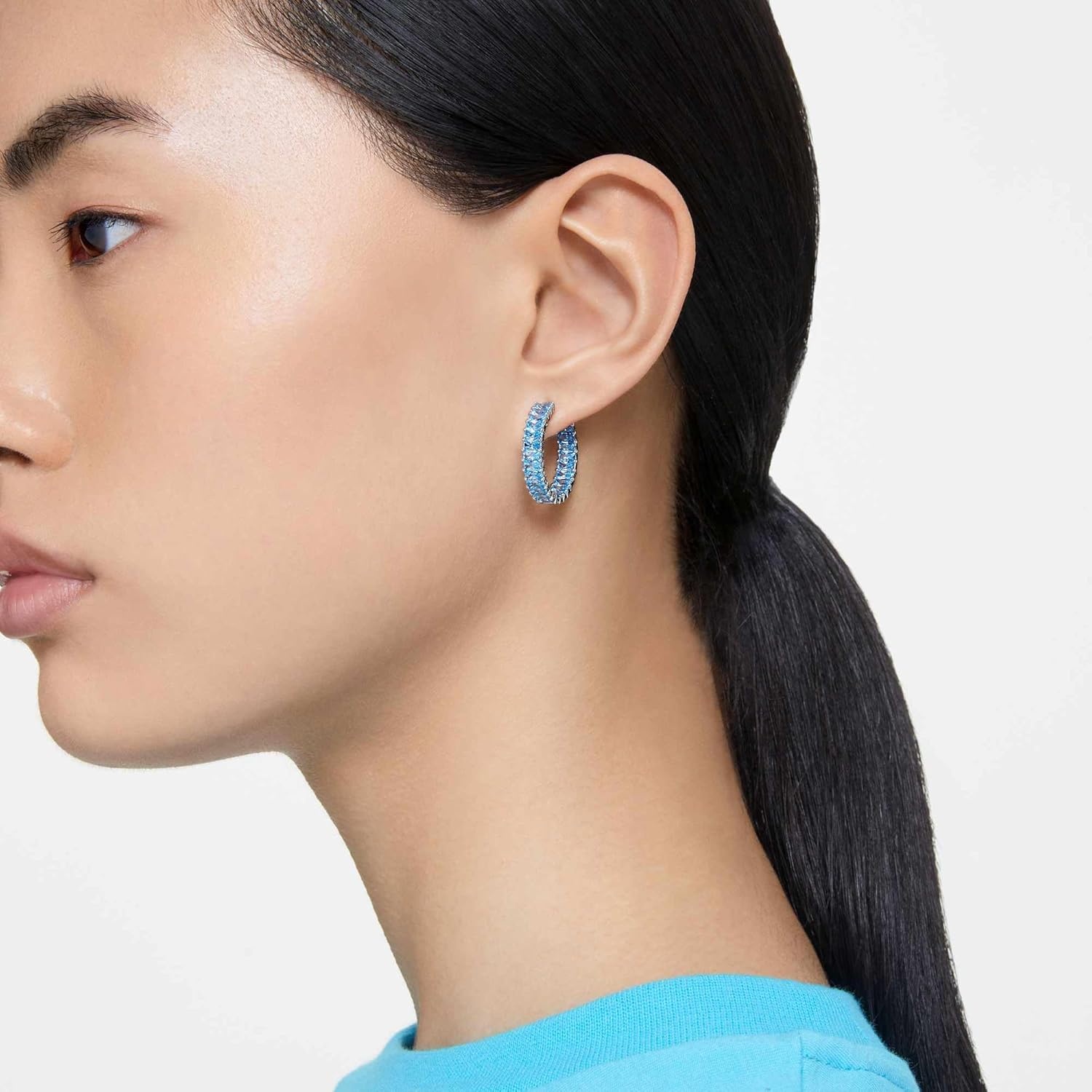 image:imageSwarovski Matrix Crystal Hoop Earrings Blue and Clear Crystals Rhodium FinishBlue Crystal