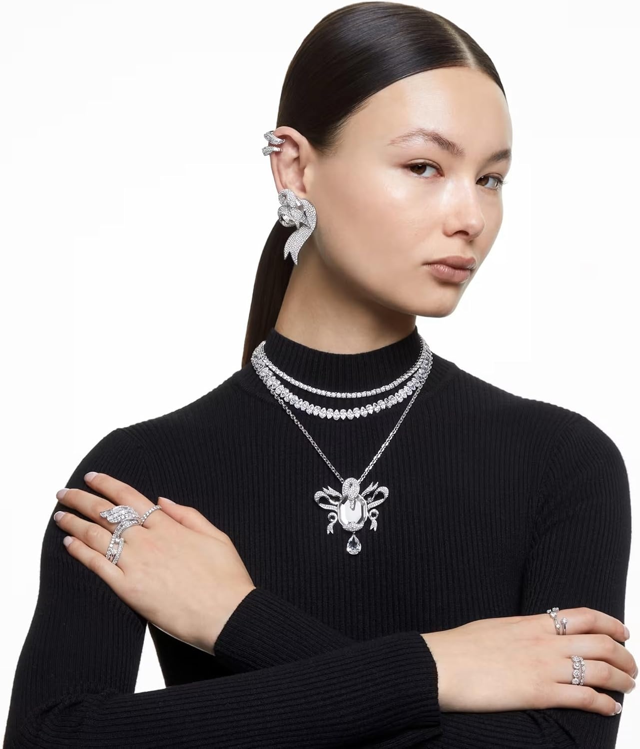image:imageSwarovski Matrix Crystal Ring Collection Round Cut Prong Setting Rhodium FinishClear Crystal