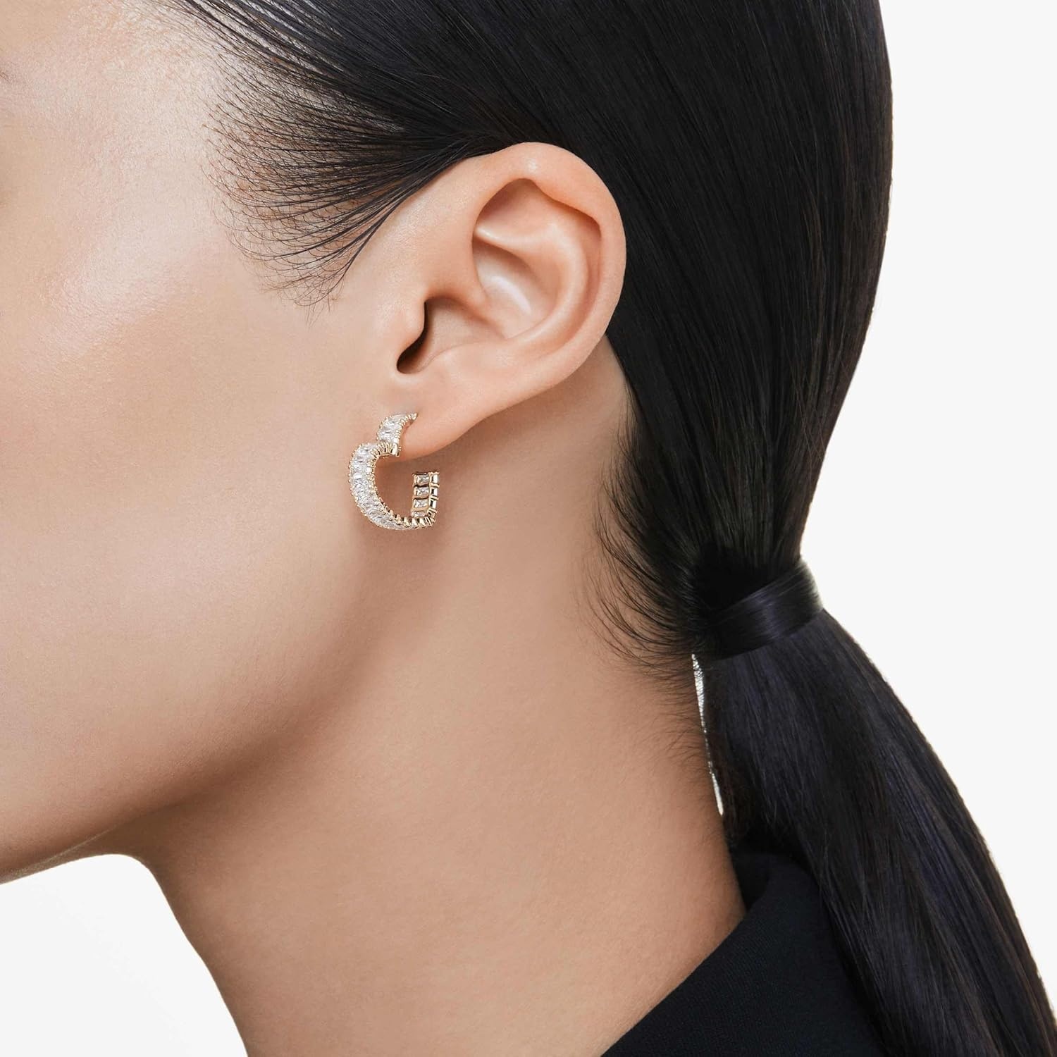image:imageSwarovski Matrix Hoop Earrings Baguette Cut Heart Pink Clear Crystals Rhodium and GoldTone FinishesClear Crystal GoldFinish