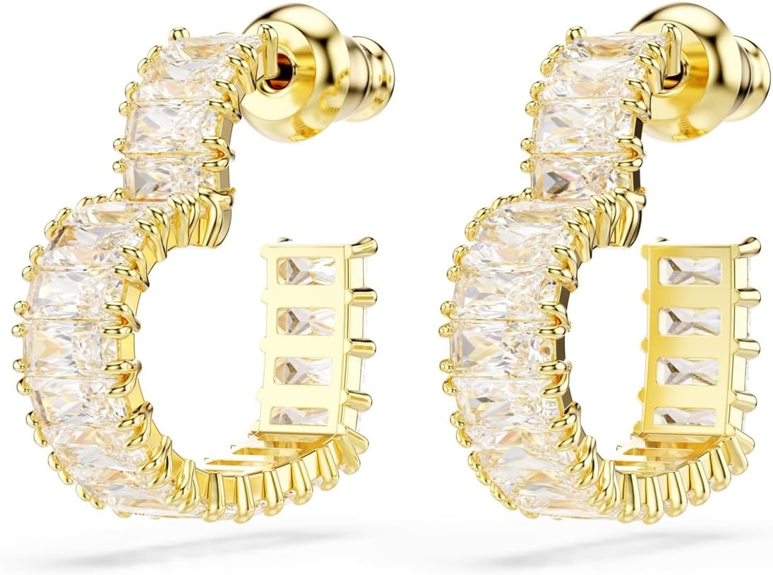 image:imageSwarovski Matrix Hoop Earrings Baguette Cut Heart Pink Clear Crystals Rhodium and GoldTone FinishesClear Crystal GoldFinish