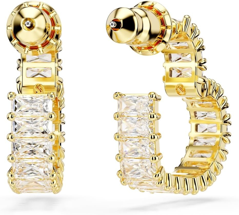 image:imageSwarovski Matrix Hoop Earrings Baguette Cut Heart Pink Clear Crystals Rhodium and GoldTone FinishesClear Crystal GoldFinish