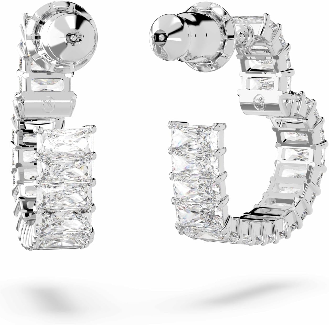 image:imageSwarovski Matrix Hoop Earrings Baguette Cut Heart Pink Clear Crystals Rhodium and GoldTone FinishesClear Crystal Rhodium Finish