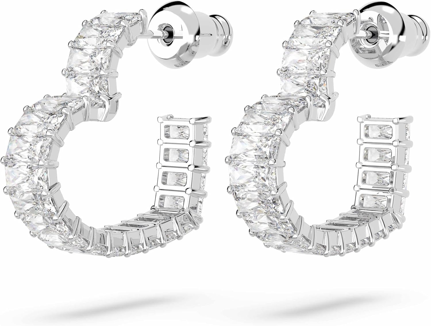 image:imageSwarovski Matrix Hoop Earrings Baguette Cut Heart Pink Clear Crystals Rhodium and GoldTone FinishesClear Crystal Rhodium Finish