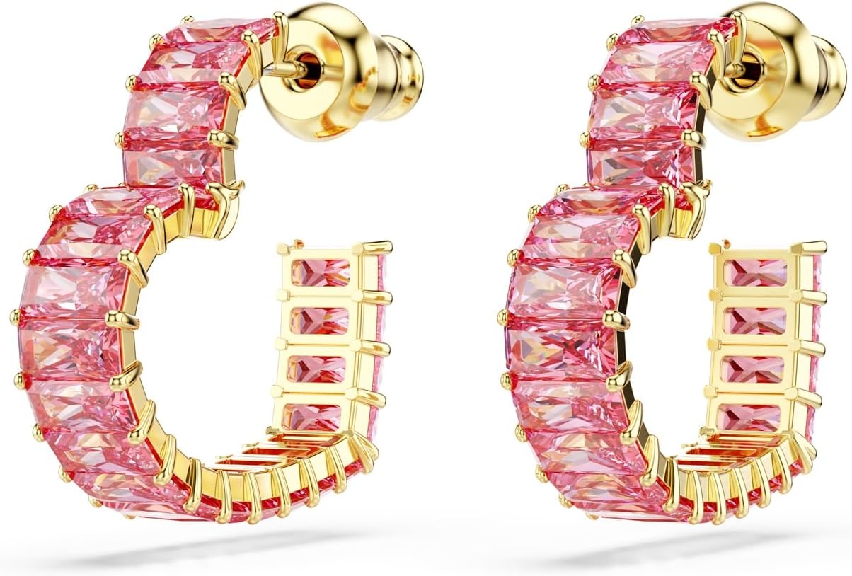image:imageSwarovski Matrix Hoop Earrings Baguette Cut Heart Pink Clear Crystals Rhodium and GoldTone FinishesPink Crystal