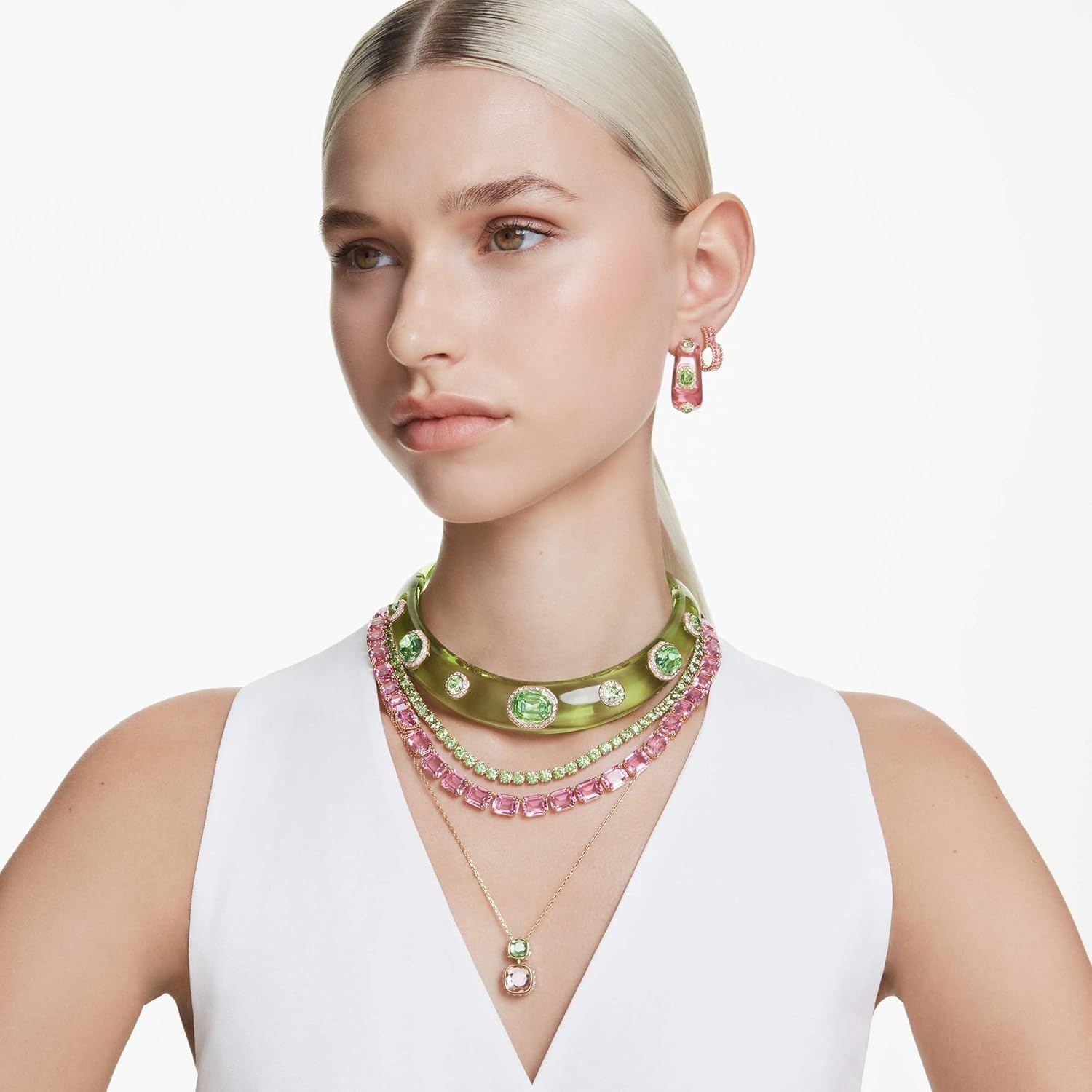 image:imageSwarovski Matrix Hoop Earrings Baguette Cut Heart Pink Clear Crystals Rhodium and GoldTone FinishesPink Crystal