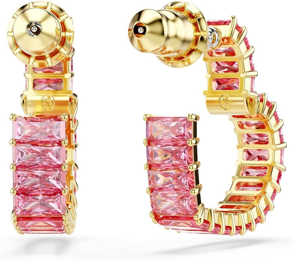 image:imageSwarovski Matrix Hoop Earrings Baguette Cut Heart Pink Clear Crystals Rhodium and GoldTone FinishesPink Crystal