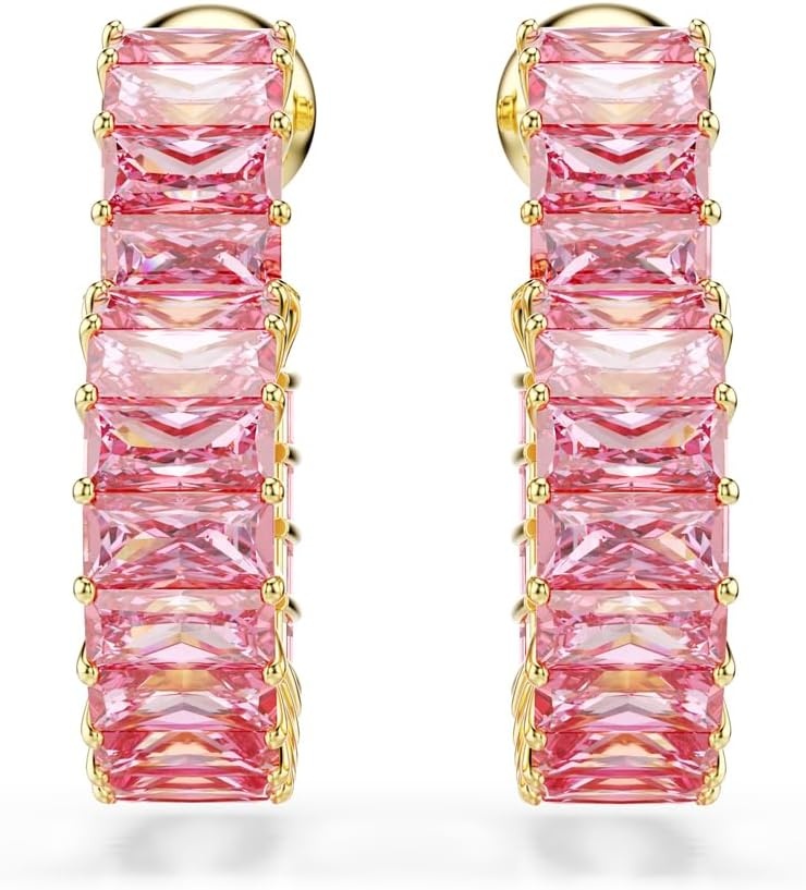 image:imageSwarovski Matrix Hoop Earrings Baguette Cut Heart Pink Clear Crystals Rhodium and GoldTone FinishesPink Crystal