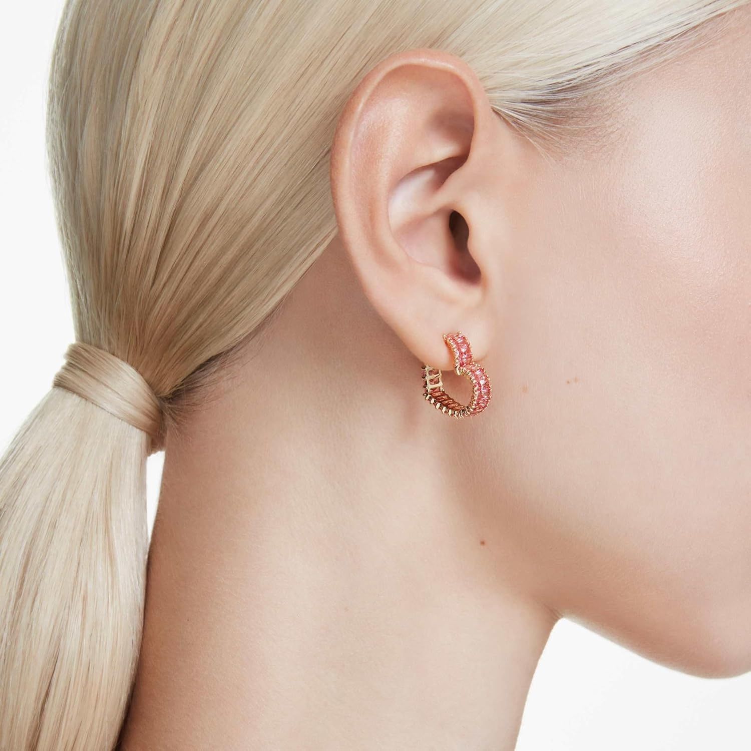 image:imageSwarovski Matrix Hoop Earrings Baguette Cut Heart Pink Clear Crystals Rhodium and GoldTone FinishesPink Crystal