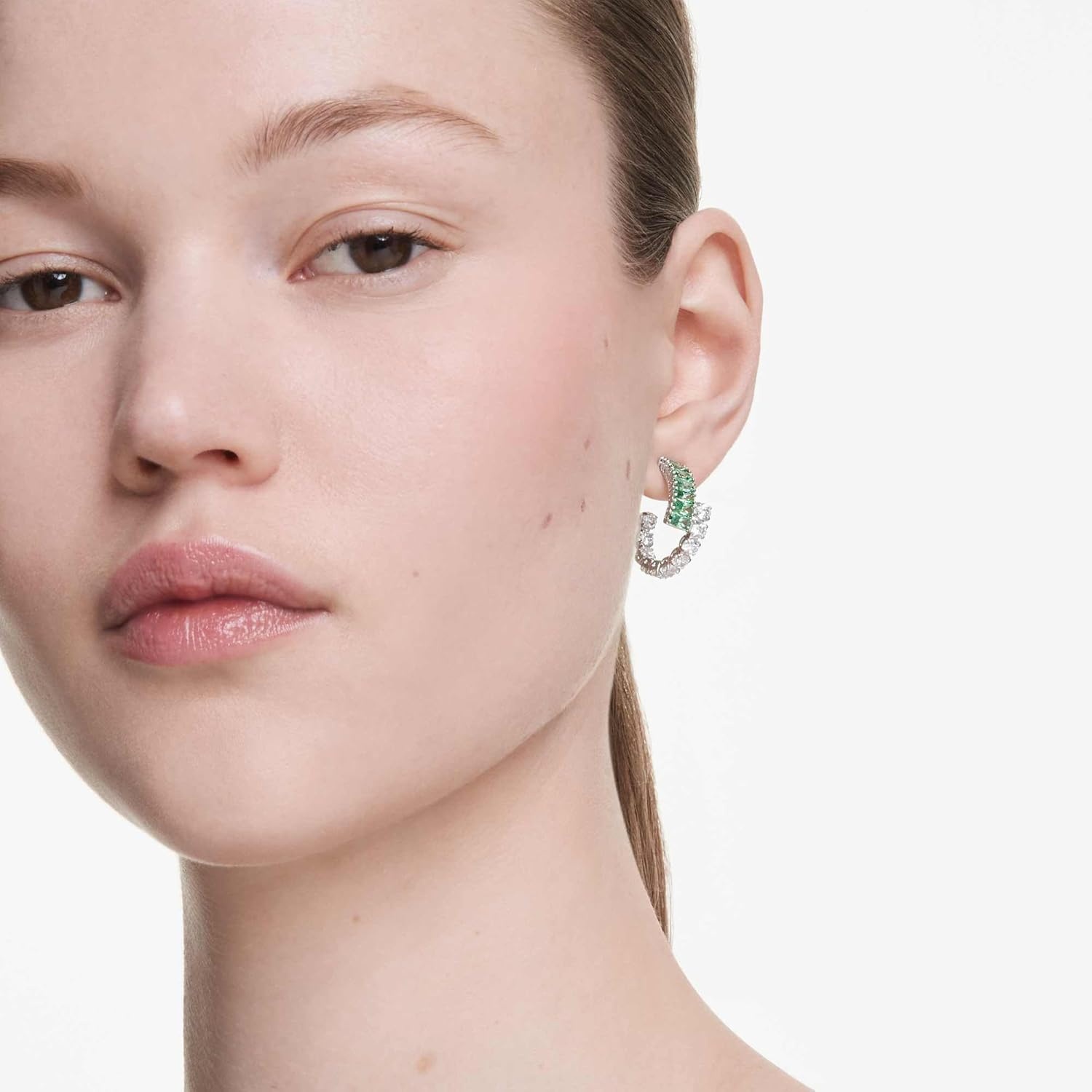 image:imageSwarovski Matrix Hoop Earrings Mixed Cut Blue Crystals Green Crystals Rhodium FinishGreen Crystal