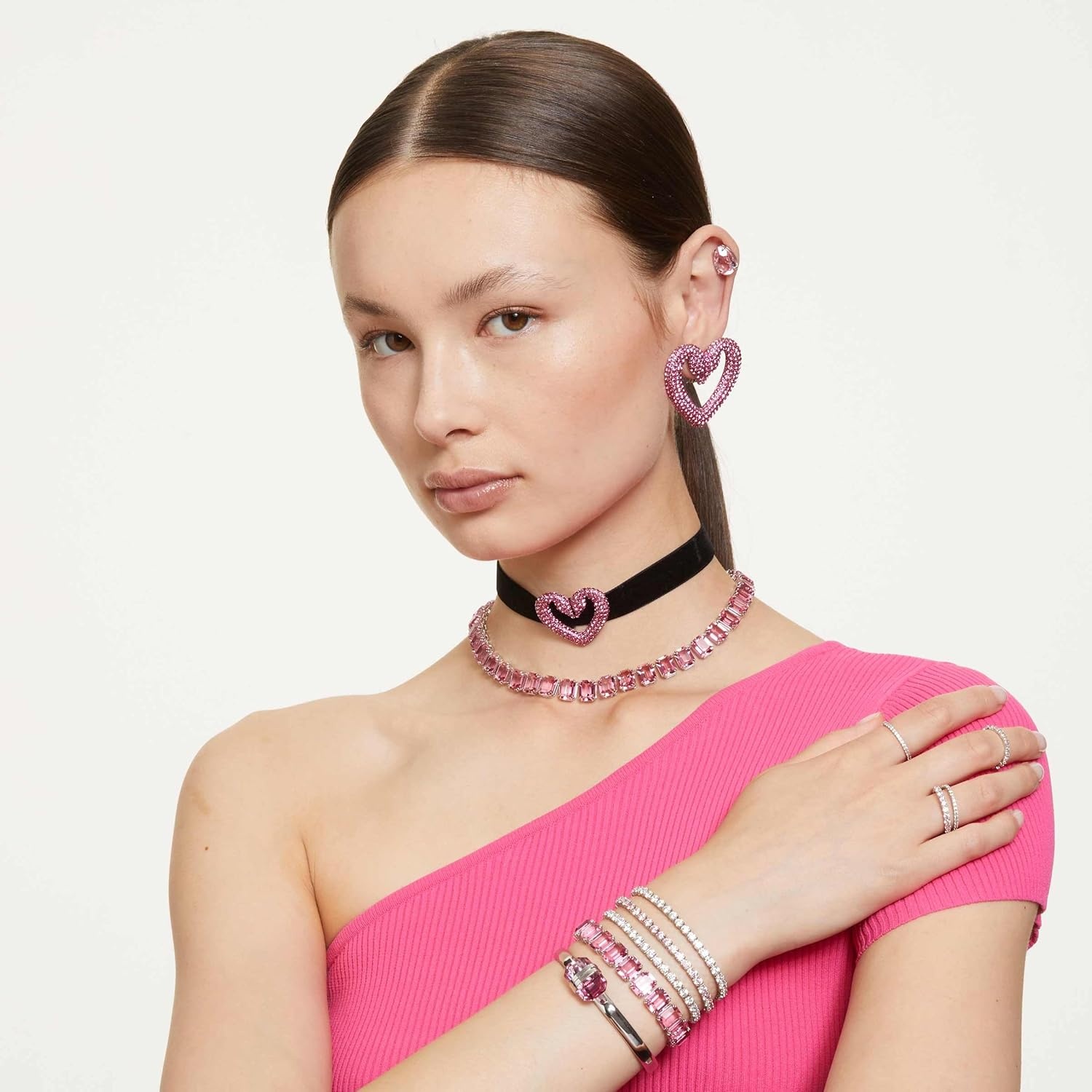 image:imageSwarovski Matrix Tennis Bracelet Round Cut Crystals Pink Blue Black Clear Rhodium GoldTone and Rose GoldTone FinishesPink Crystal