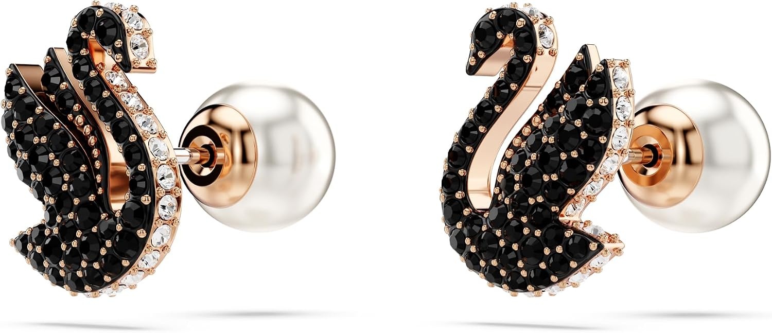 image:imageSwarovski Swan Stud Earrings Swan Motif with Black Pav Crystals and Pearl Closure in a Rose GoldTone Finished Setting Part of the Swarovski Swan Collection