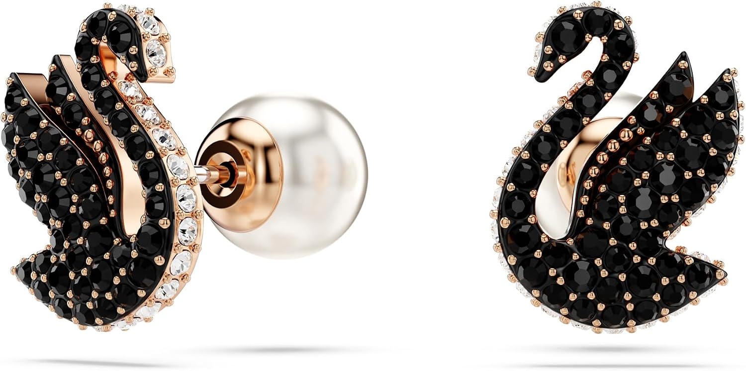 image:imageSwarovski Swan Stud Earrings Swan Motif with Black Pav Crystals and Pearl Closure in a Rose GoldTone Finished Setting Part of the Swarovski Swan Collection