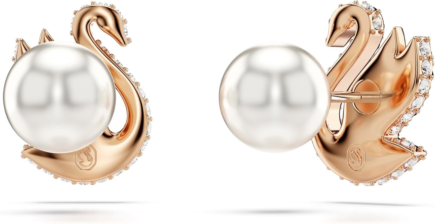 image:imageSwarovski Swan Stud Earrings Swan Motif with Black Pav Crystals and Pearl Closure in a Rose GoldTone Finished Setting Part of the Swarovski Swan Collection