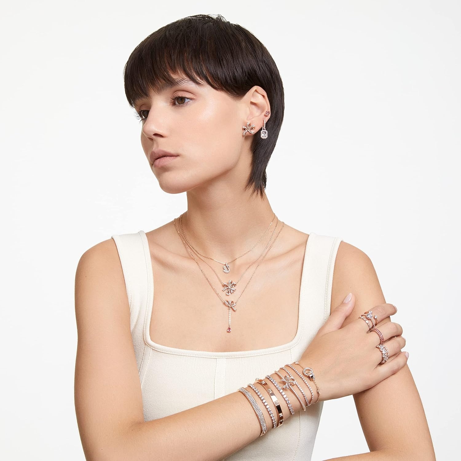 image:imageSwarovski Volta Necklace Earrings and Bracelets Jewelry Collection BowInspired Pink and Clear Crystals with RoseGold Tone FinishNecklace