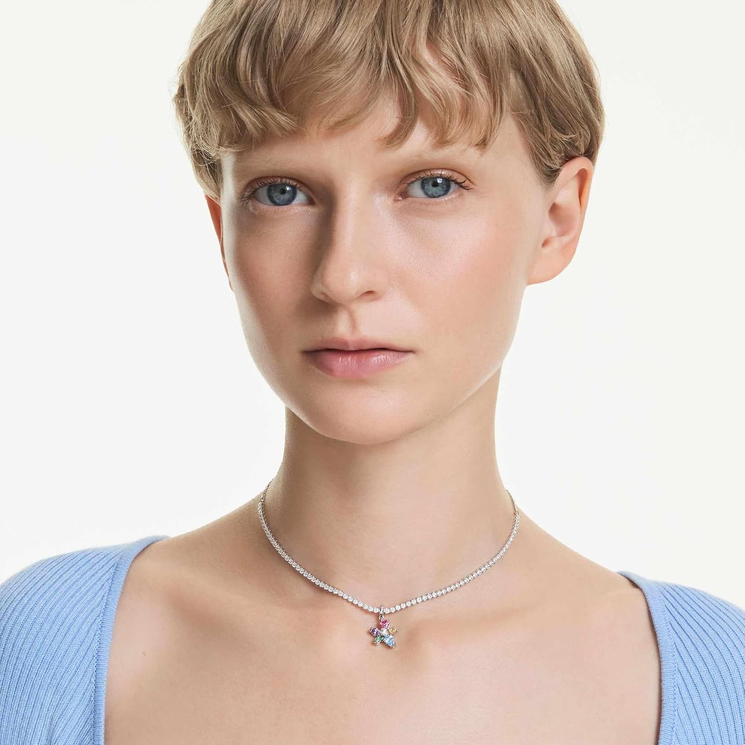 image:imageSwarovski x Ariana Grande Jewelry Collection Bracelet Choker Earrings Mixed Cut Multicolored Stones Rhodium FinishMulticolored Choker Necklace