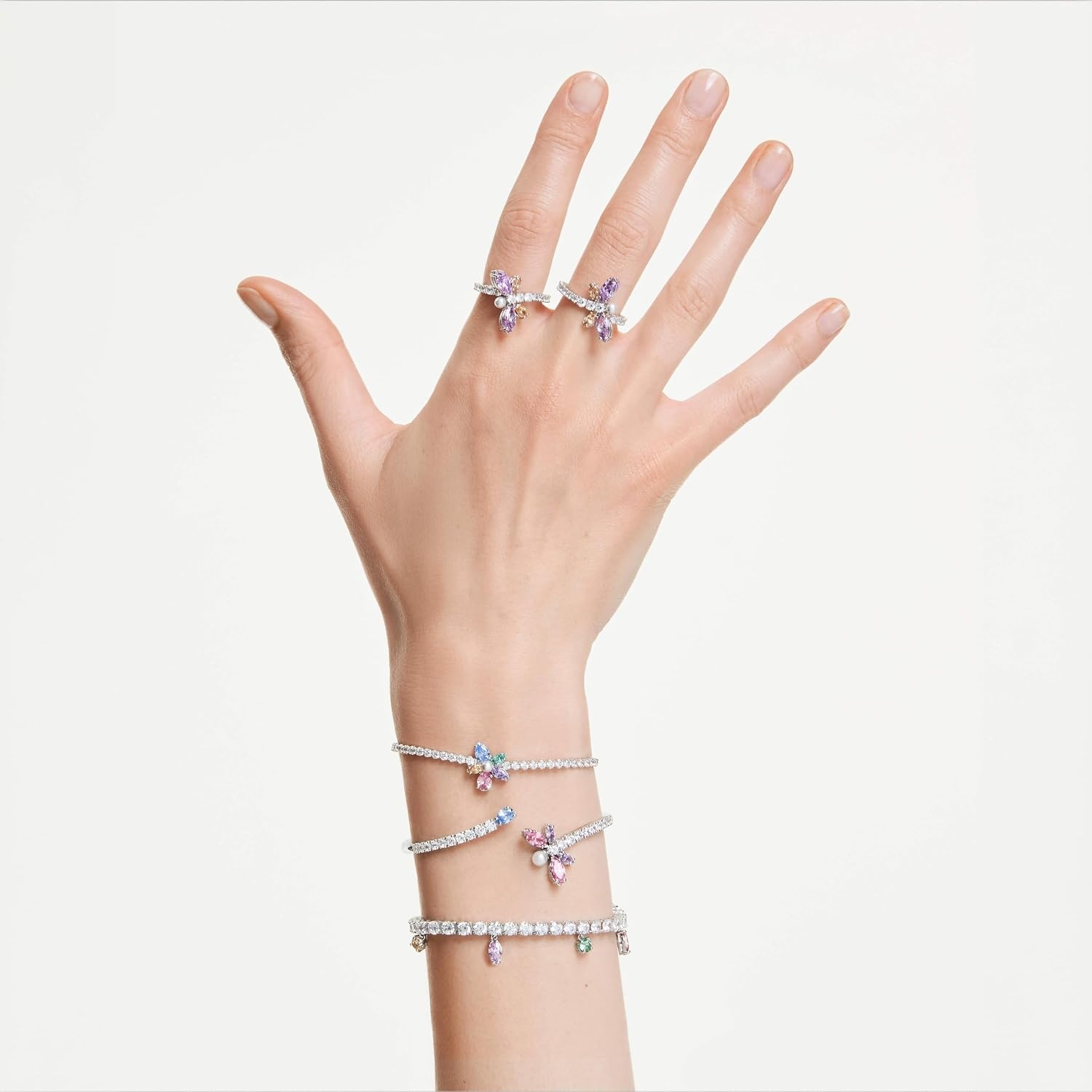 image:imageSwarovski x Ariana Grande Jewelry Collection Necklace Earrings Ear Cuffs Mixed Cut Multicolored Stones Rhodium FinishMulticolored Tennis Bracelet